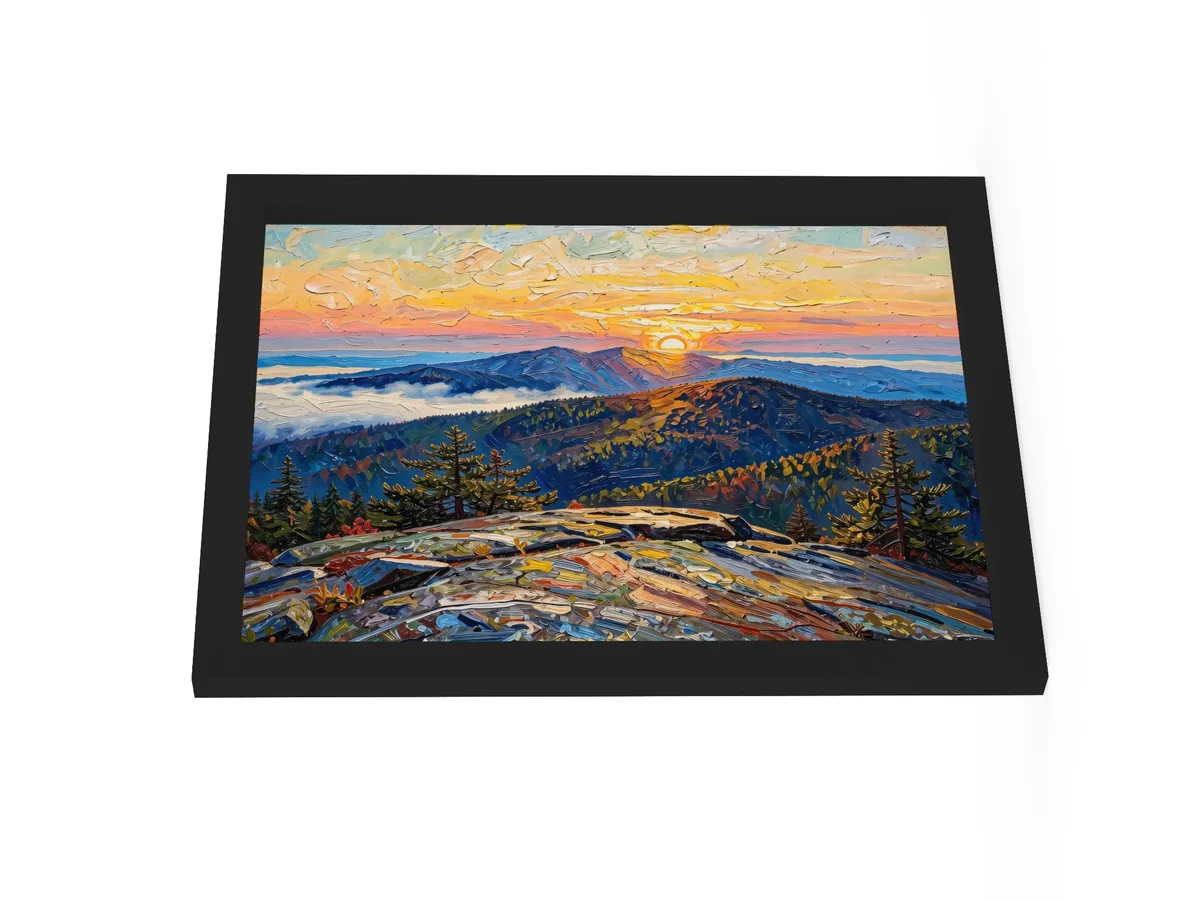 High Peaks Sunrise as a 12 by 16 inch framed print in a black frame: sunrise from a granite mountaintop, with layers of ridges and fog filling the valleys below, in bold oil-painting brushstrokes.