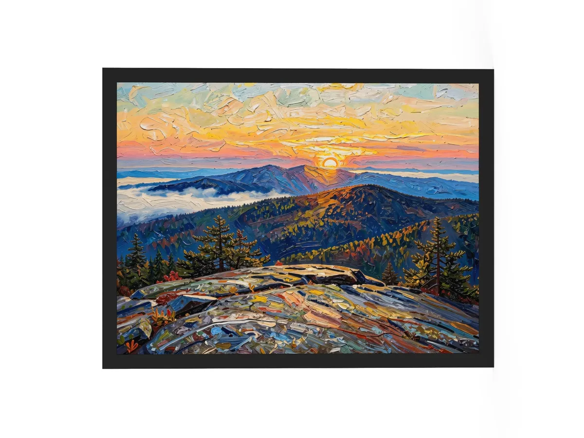 High Peaks Sunrise as an 18 by 24 inch framed print in a black frame: sunrise from a granite mountaintop, with layers of ridges and fog filling the valleys below, in bold oil-painting brushstrokes.