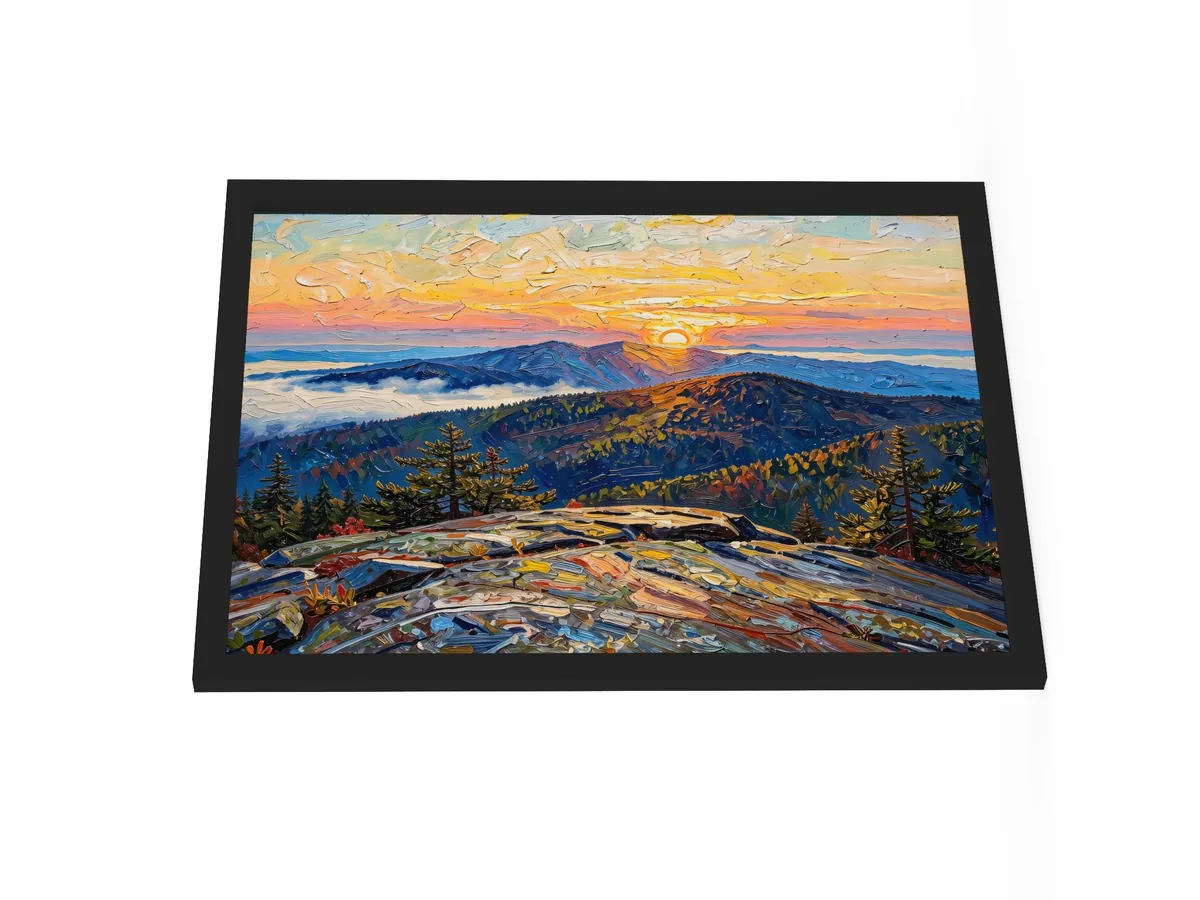 High Peaks Sunrise as an 18 by 24 inch framed print in a black frame: sunrise from a granite mountaintop, with layers of ridges and fog filling the valleys below, in bold oil-painting brushstrokes.