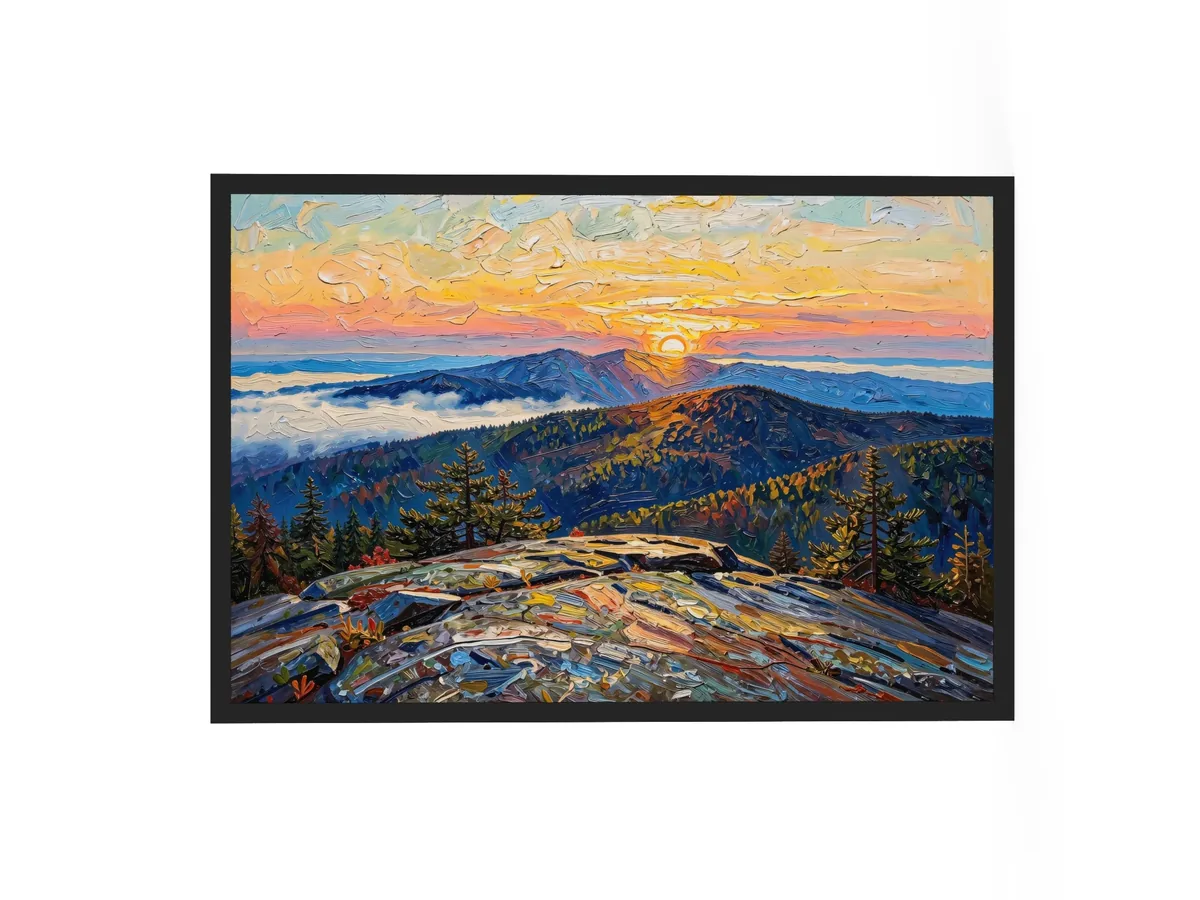 High Peaks Sunrise as a 24 by 36 inch framed print in a black frame: sunrise from a granite mountaintop, with layers of ridges and fog filling the valleys below, in bold oil-painting brushstrokes.