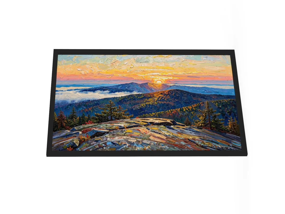 High Peaks Sunrise as a 24 by 36 inch framed print in a black frame: sunrise from a granite mountaintop, with layers of ridges and fog filling the valleys below, in bold oil-painting brushstrokes.