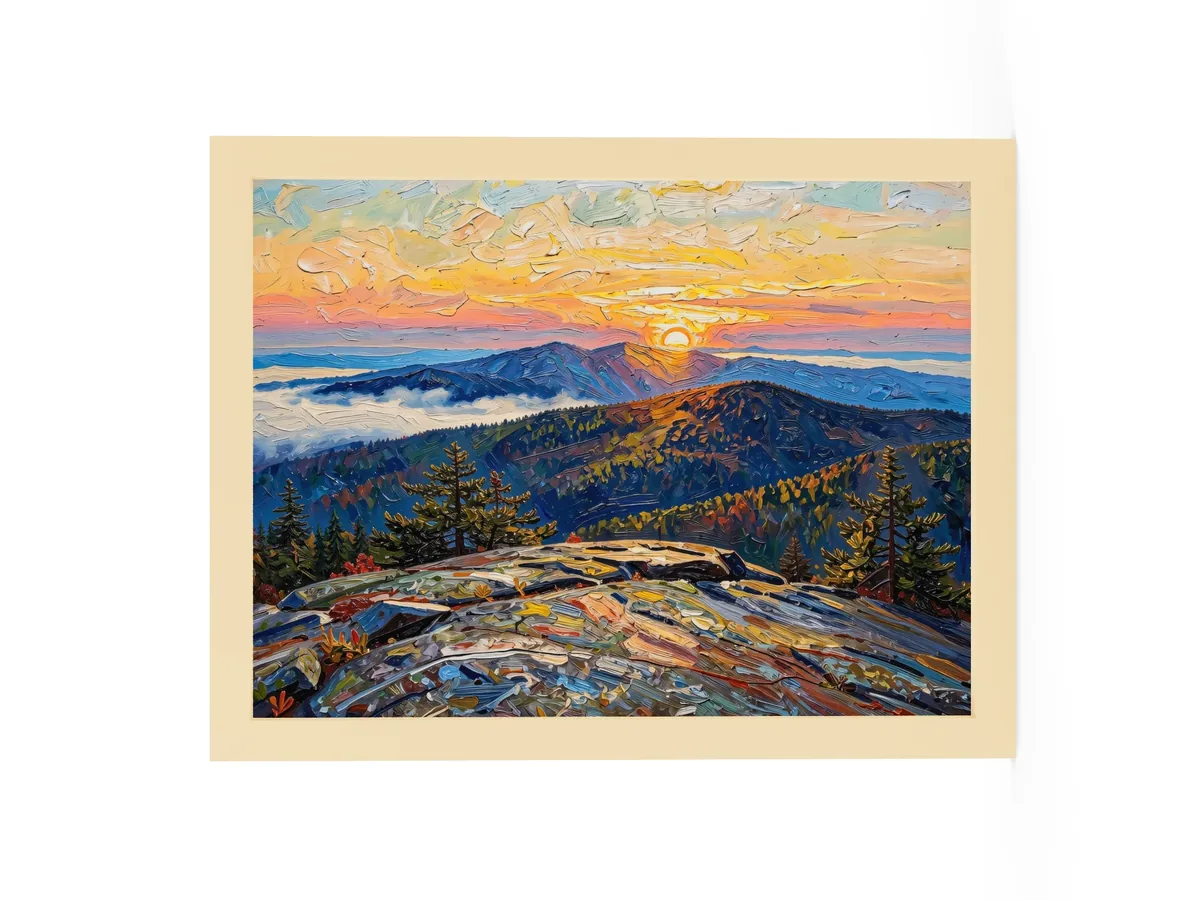 High Peaks Sunrise as a 12 by 16 inch framed print in a natural wood frame: sunrise from a granite mountaintop, with layers of ridges and fog filling the valleys below, in bold oil-painting brushstrokes.