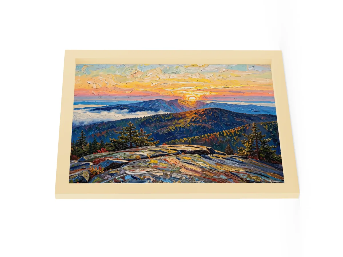 High Peaks Sunrise as a 12 by 16 inch framed print in a natural wood frame: sunrise from a granite mountaintop, with layers of ridges and fog filling the valleys below, in bold oil-painting brushstrokes.