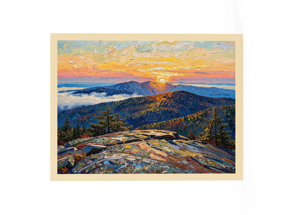 High Peaks Sunrise as an 18 by 24 inch framed print in a natural wood frame: sunrise from a granite mountaintop, with layers of ridges and fog filling the valleys below, in bold oil-painting brushstrokes.