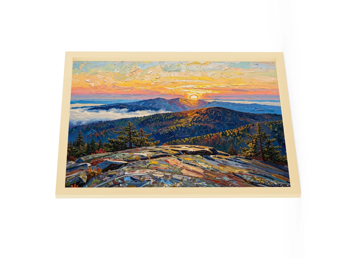 High Peaks Sunrise as an 18 by 24 inch framed print in a natural wood frame: sunrise from a granite mountaintop, with layers of ridges and fog filling the valleys below, in bold oil-painting brushstrokes.