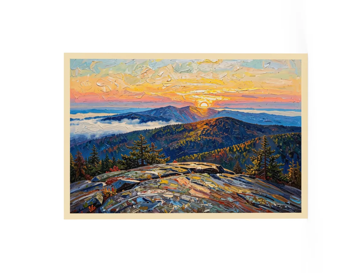 High Peaks Sunrise as a 24 by 36 inch framed print in a natural wood frame: sunrise from a granite mountaintop, with layers of ridges and fog filling the valleys below, in bold oil-painting brushstrokes.