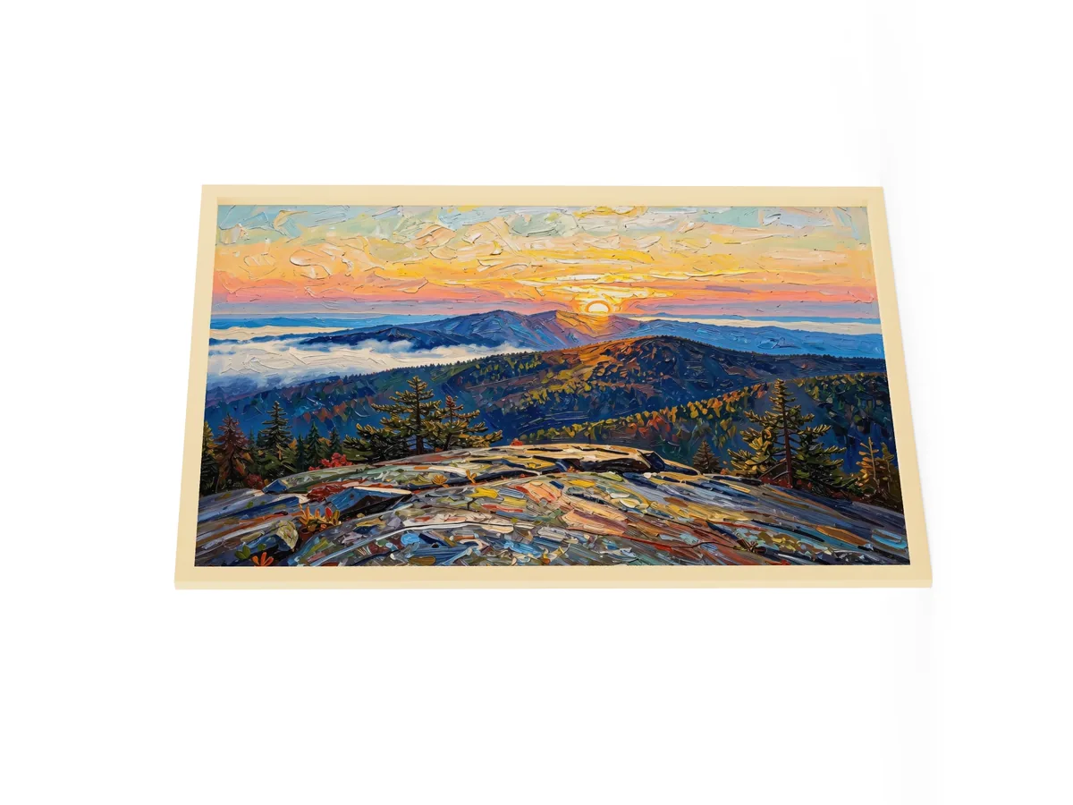 High Peaks Sunrise as a 24 by 36 inch framed print in a natural wood frame: sunrise from a granite mountaintop, with layers of ridges and fog filling the valleys below, in bold oil-painting brushstrokes.