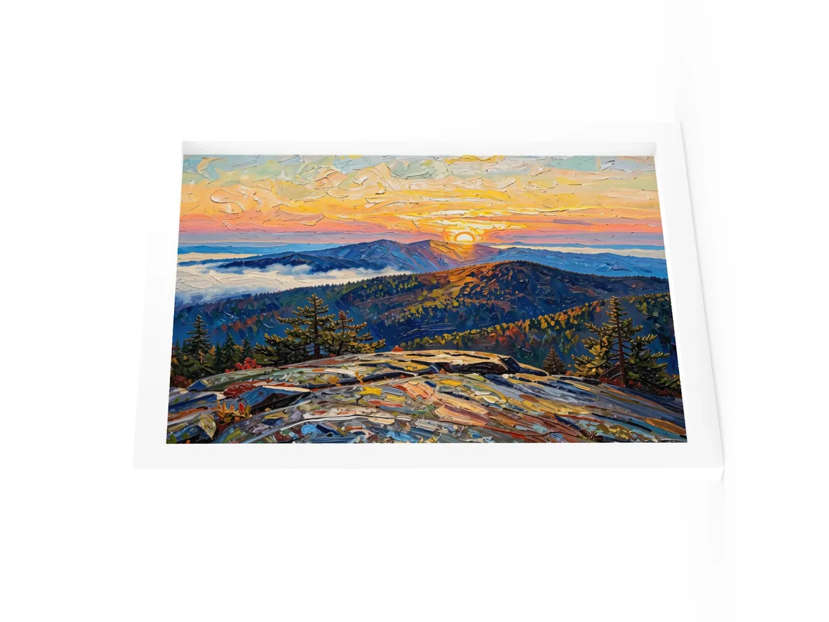 High Peaks Sunrise as a 12 by 16 inch framed print in a white frame: sunrise from a granite mountaintop, with layers of ridges and fog filling the valleys below, in bold oil-painting brushstrokes.