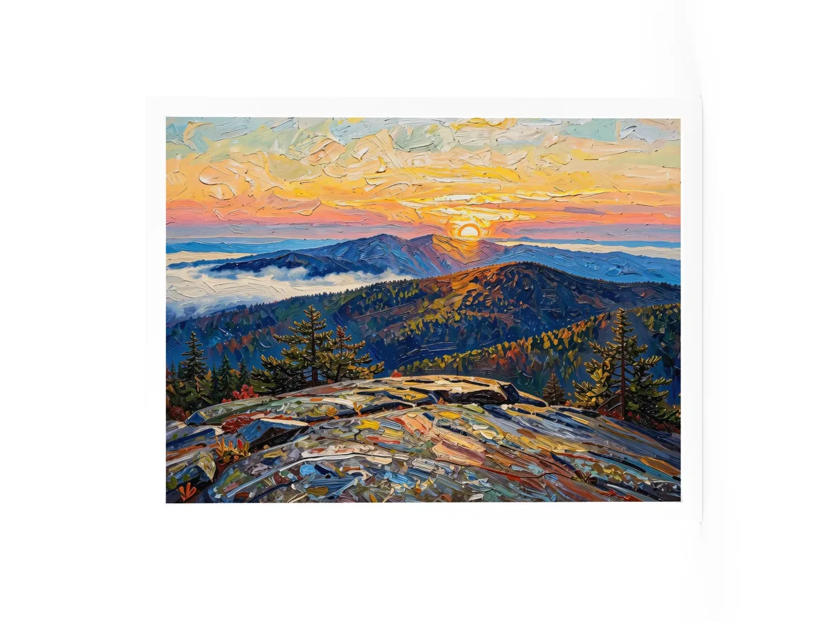 High Peaks Sunrise as an 18 by 24 inch framed print in a white frame: sunrise from a granite mountaintop, with layers of ridges and fog filling the valleys below, in bold oil-painting brushstrokes.