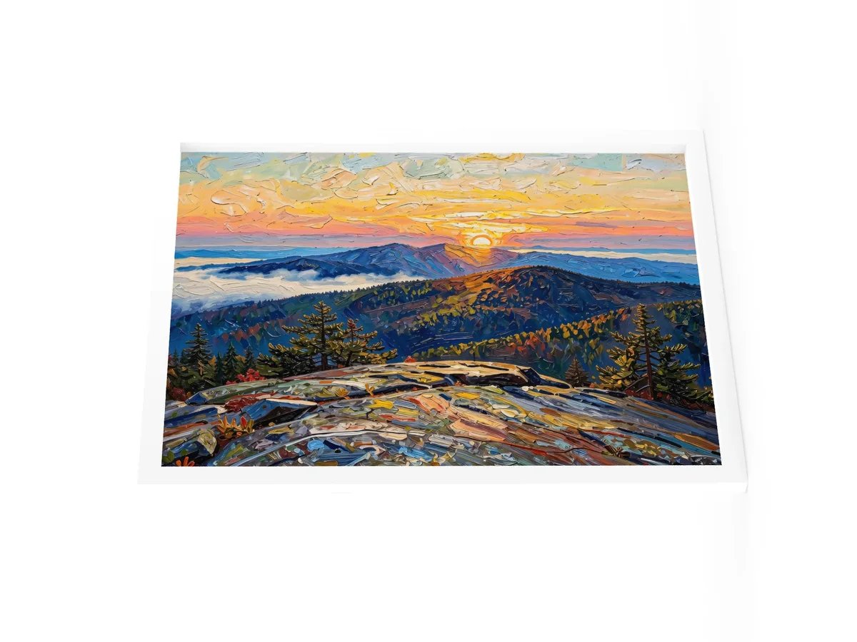 High Peaks Sunrise as an 18 by 24 inch framed print in a white frame: sunrise from a granite mountaintop, with layers of ridges and fog filling the valleys below, in bold oil-painting brushstrokes.