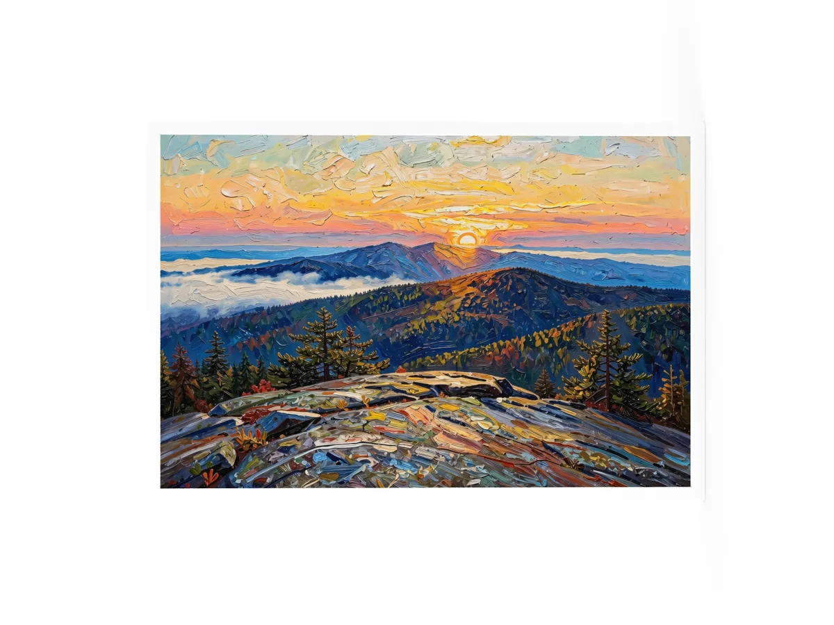 High Peaks Sunrise as a 24 by 36 inch framed print in a white frame: sunrise from a granite mountaintop, with layers of ridges and fog filling the valleys below, in bold oil-painting brushstrokes.
