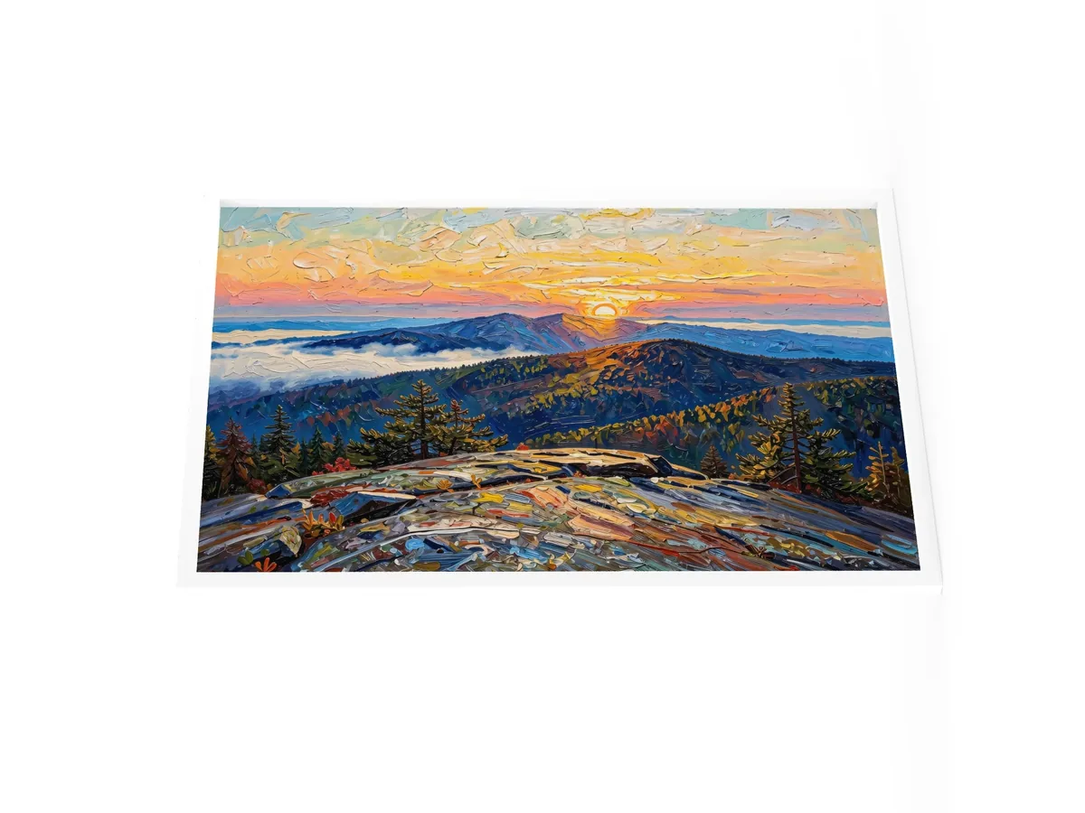 High Peaks Sunrise as a 24 by 36 inch framed print in a white frame: sunrise from a granite mountaintop, with layers of ridges and fog filling the valleys below, in bold oil-painting brushstrokes.