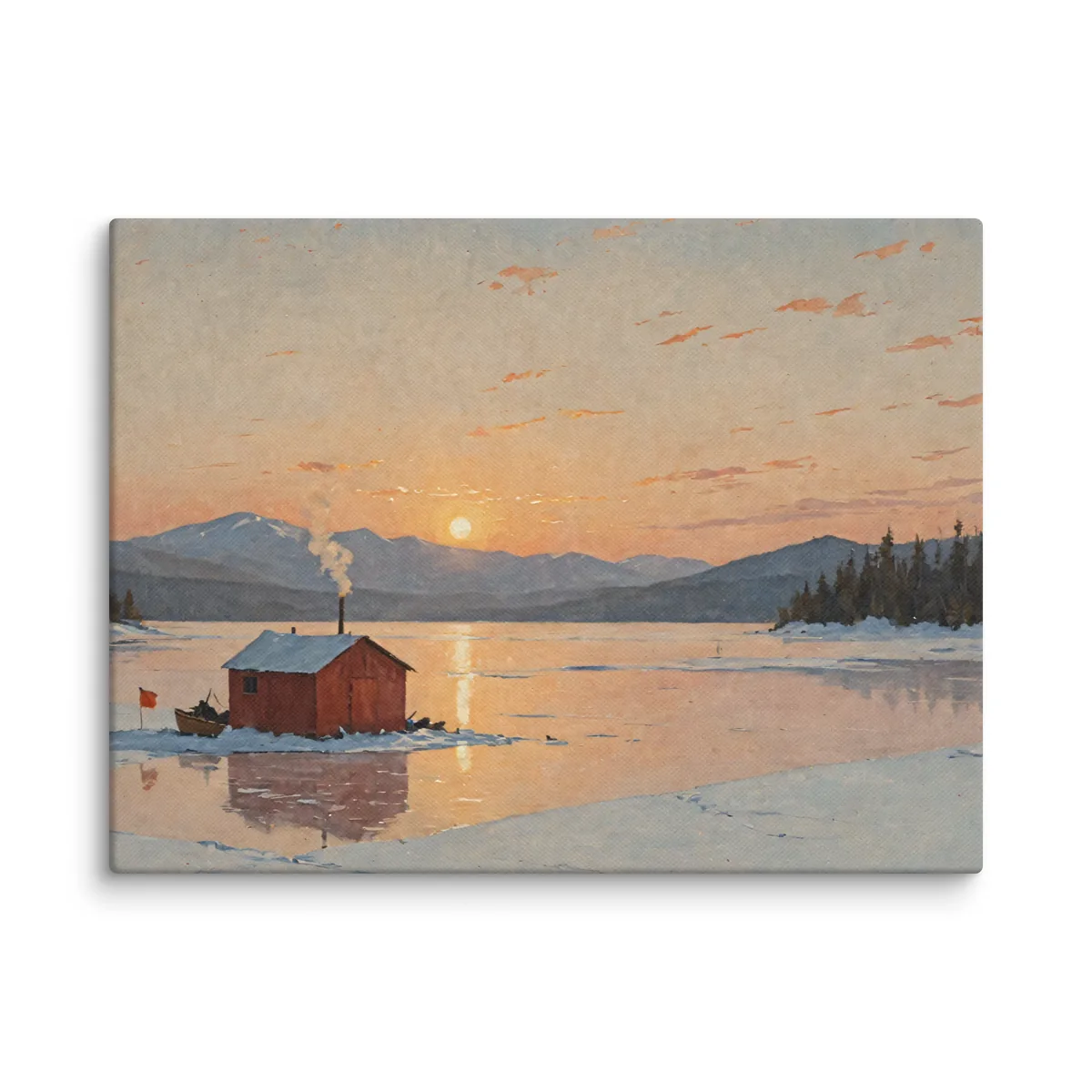 Ice-Fishing Shanty at Sunrise as a 12 by 16 inch canvas: a red ice-fishing shanty on a frozen Adirondack lake at sunrise, in a traditional oil-painting style.
