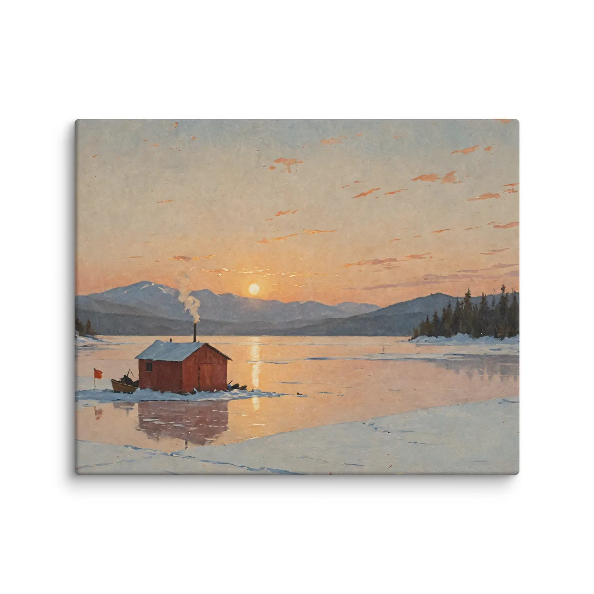 Ice-Fishing Shanty at Sunrise as a 16 by 20 inch canvas: a red ice-fishing shanty on a frozen Adirondack lake at sunrise, in a traditional oil-painting style.