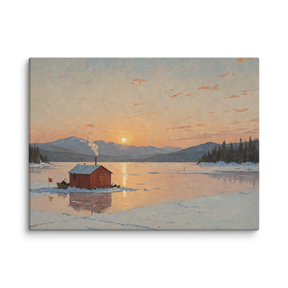 Ice-Fishing Shanty at Sunrise as an 18 by 24 inch canvas: a red ice-fishing shanty on a frozen Adirondack lake at sunrise, in a traditional oil-painting style.