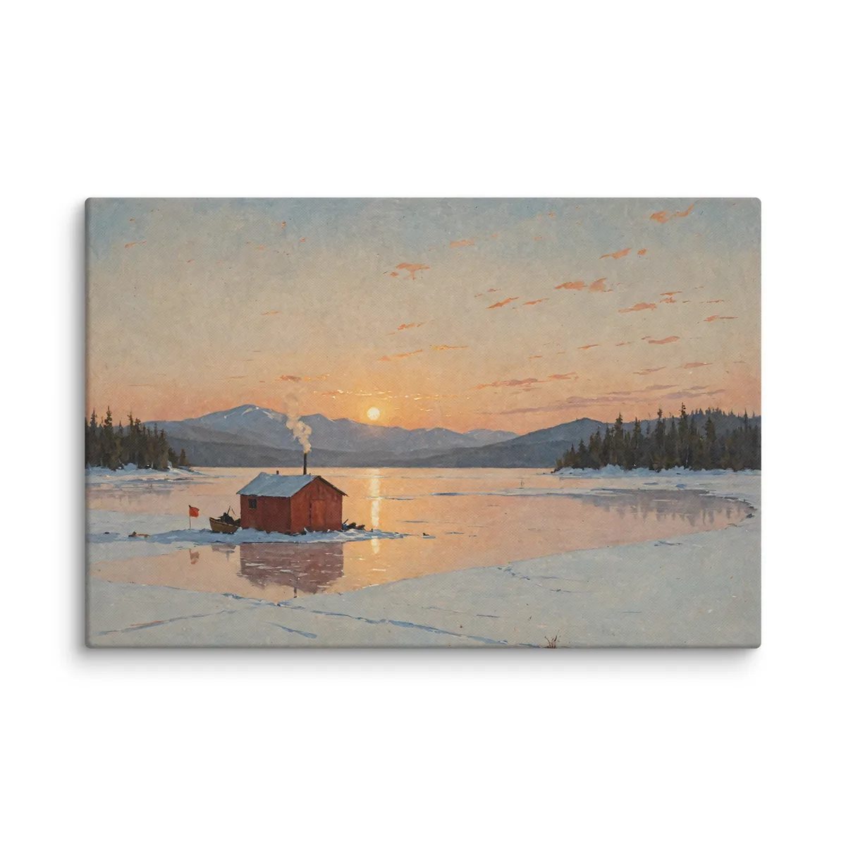 Ice-Fishing Shanty at Sunrise as a 24 by 36 inch canvas: a red ice-fishing shanty on a frozen Adirondack lake at sunrise, in a traditional oil-painting style.