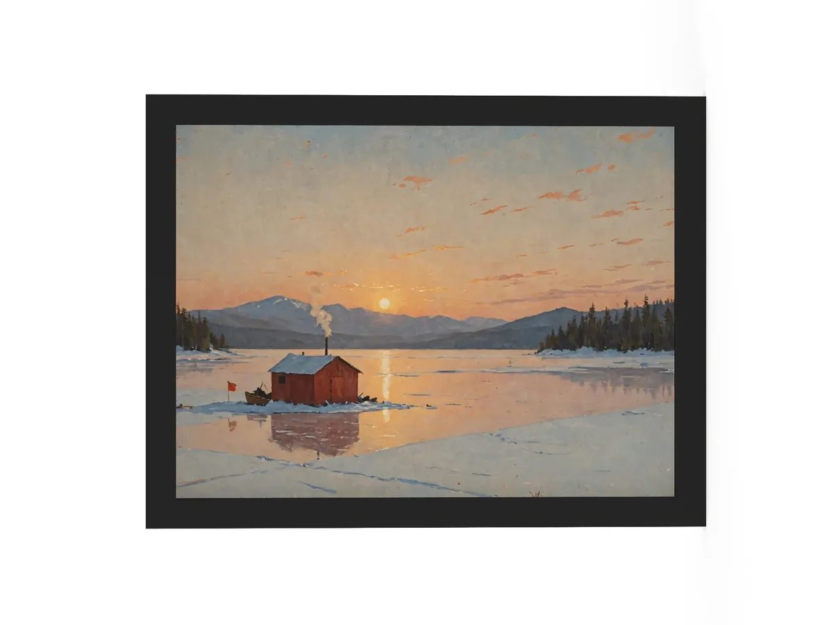 Ice-Fishing Shanty at Sunrise as a 12 by 16 inch framed print in a black frame: a red ice-fishing shanty on a frozen Adirondack lake at sunrise, in a traditional oil-painting style.