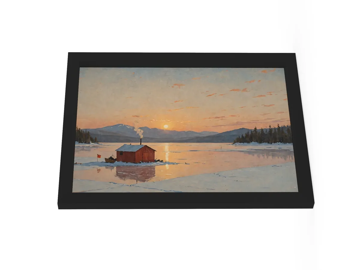 Ice-Fishing Shanty at Sunrise as a 12 by 16 inch framed print in a black frame: a red ice-fishing shanty on a frozen Adirondack lake at sunrise, in a traditional oil-painting style.