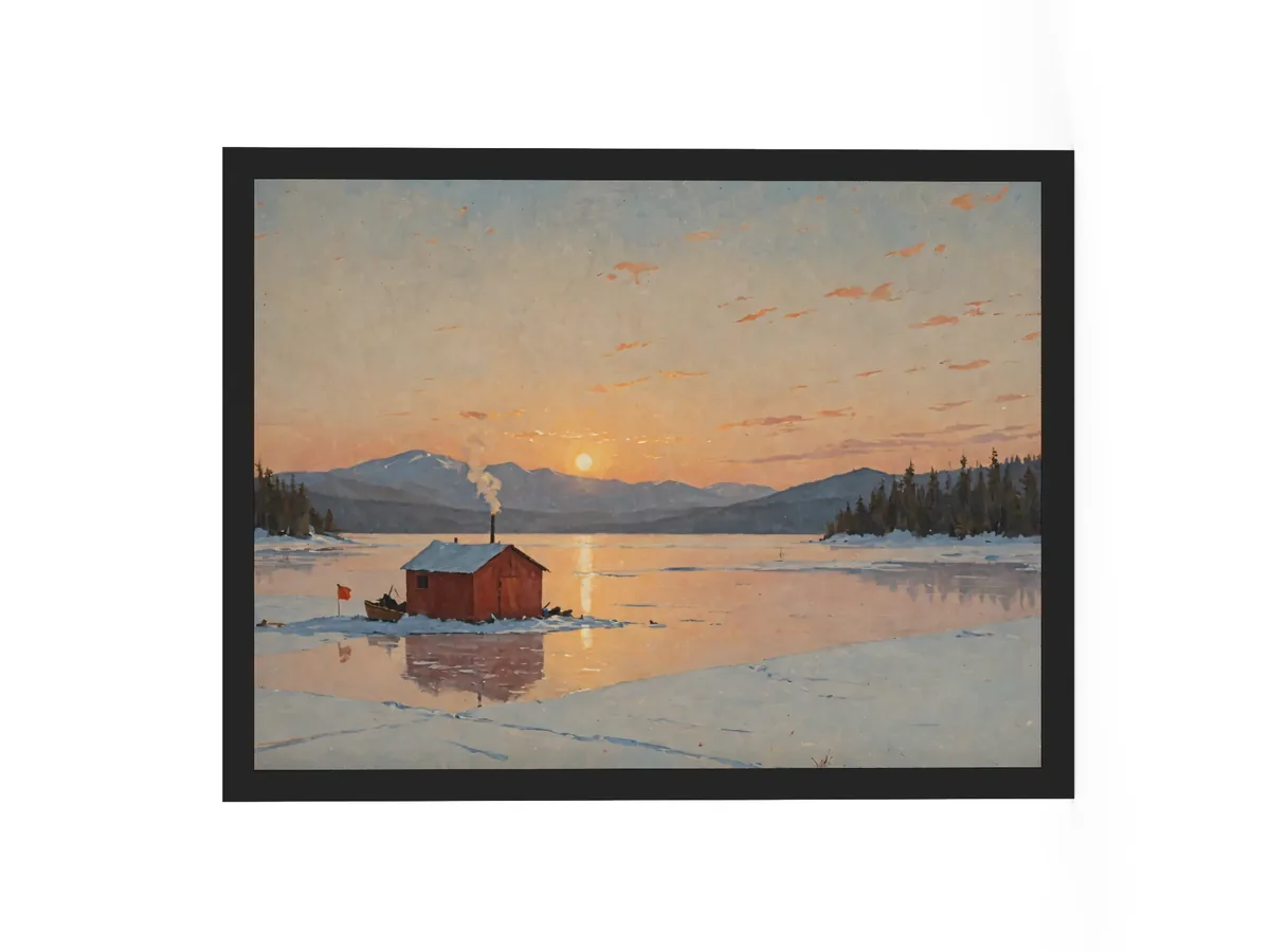 Ice-Fishing Shanty at Sunrise as an 18 by 24 inch framed print in a black frame: a red ice-fishing shanty on a frozen Adirondack lake at sunrise, in a traditional oil-painting style.