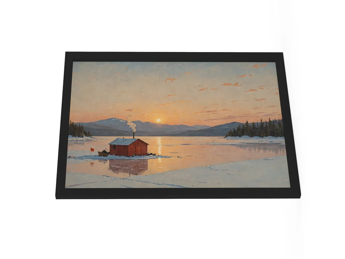 Ice-Fishing Shanty at Sunrise as an 18 by 24 inch framed print in a black frame: a red ice-fishing shanty on a frozen Adirondack lake at sunrise, in a traditional oil-painting style.