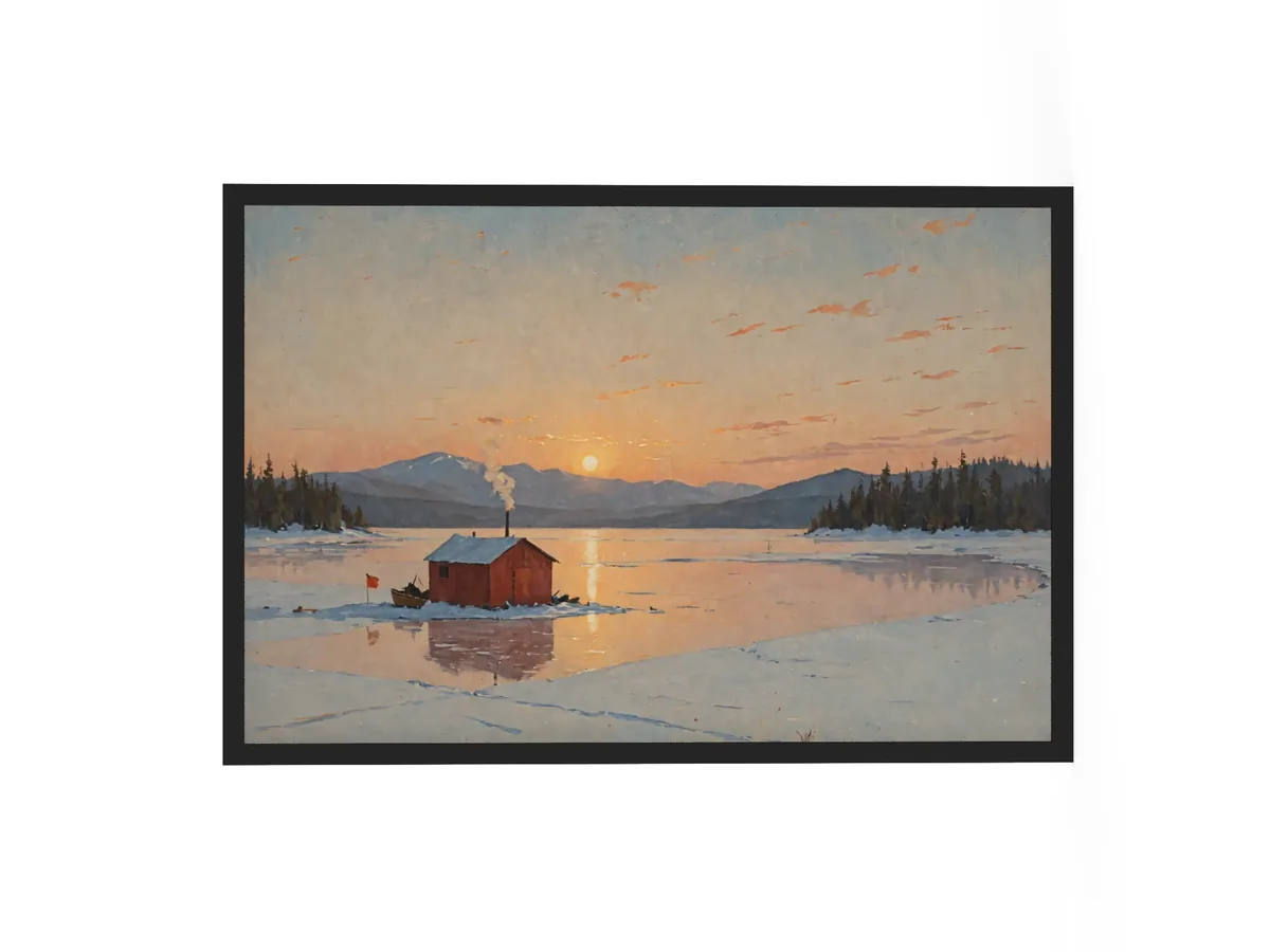 Ice-Fishing Shanty at Sunrise as a 24 by 36 inch framed print in a black frame: a red ice-fishing shanty on a frozen Adirondack lake at sunrise, in a traditional oil-painting style.