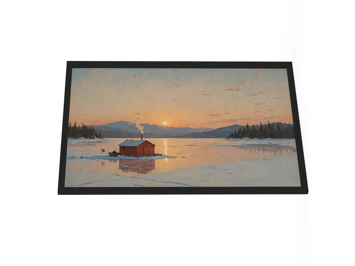Ice-Fishing Shanty at Sunrise as a 24 by 36 inch framed print in a black frame: a red ice-fishing shanty on a frozen Adirondack lake at sunrise, in a traditional oil-painting style.