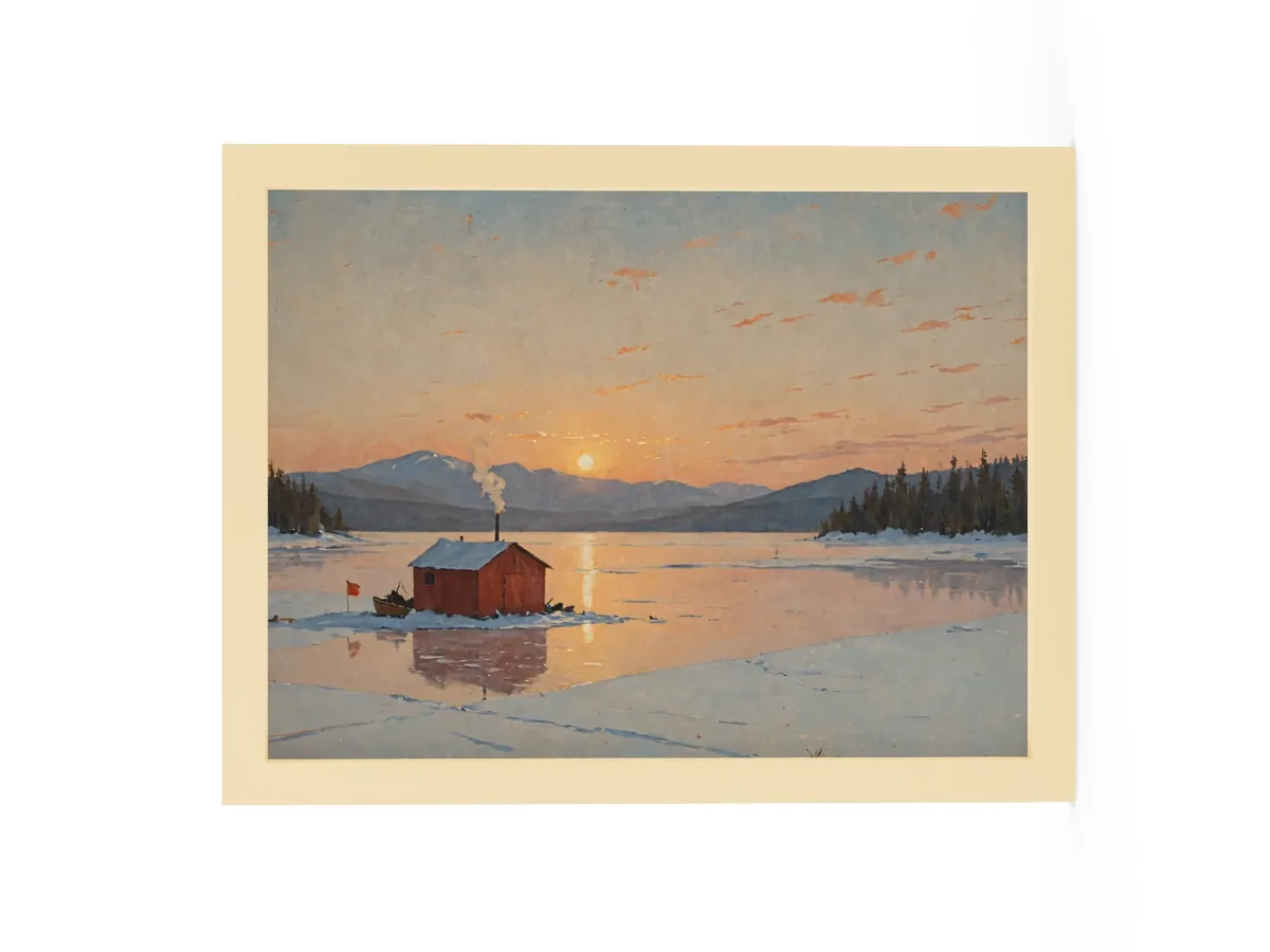 Ice-Fishing Shanty at Sunrise as a 12 by 16 inch framed print in a natural wood frame: a red ice-fishing shanty on a frozen Adirondack lake at sunrise, in a traditional oil-painting style.