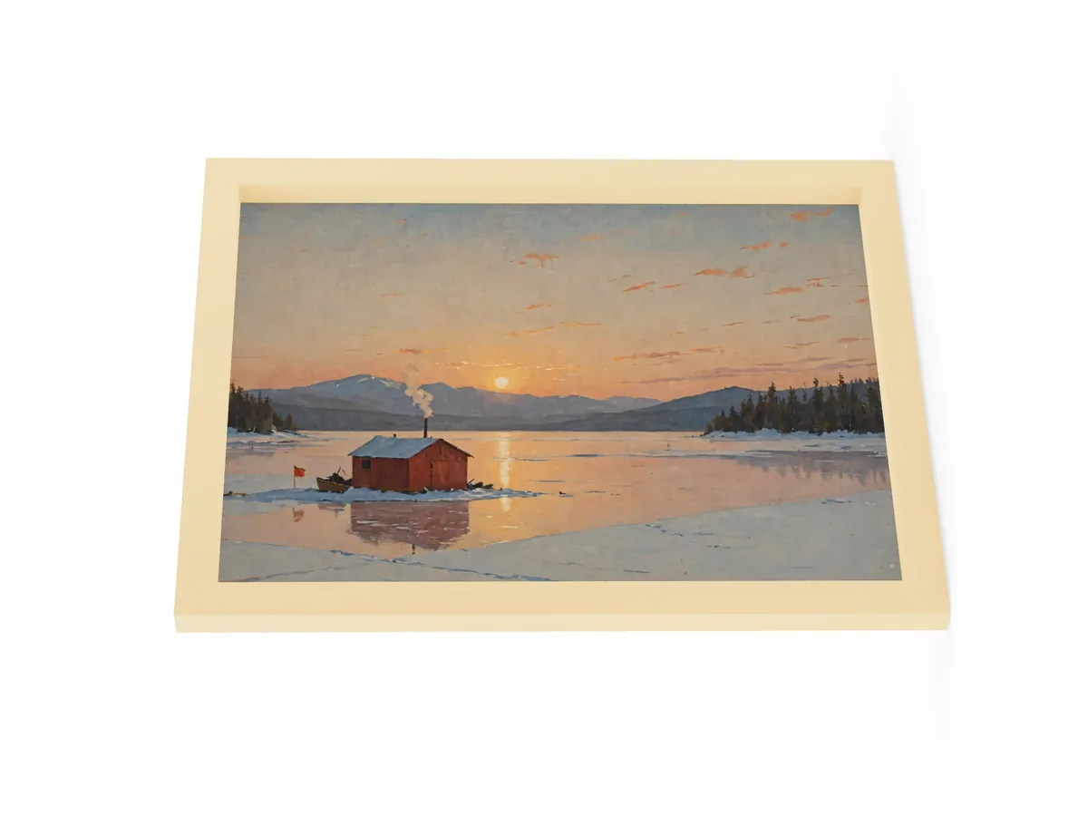 Ice-Fishing Shanty at Sunrise as a 12 by 16 inch framed print in a natural wood frame: a red ice-fishing shanty on a frozen Adirondack lake at sunrise, in a traditional oil-painting style.