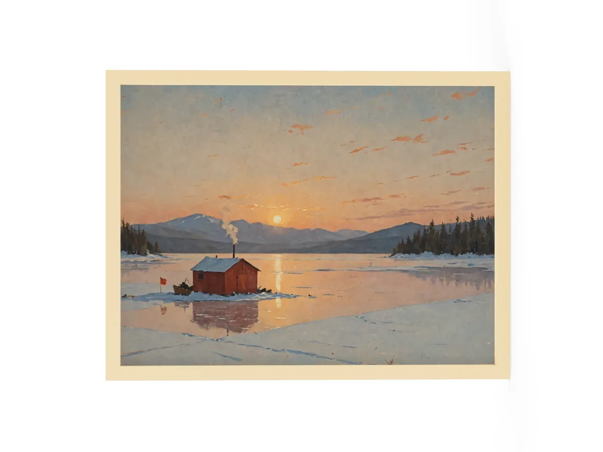 Ice-Fishing Shanty at Sunrise as an 18 by 24 inch framed print in a natural wood frame: a red ice-fishing shanty on a frozen Adirondack lake at sunrise, in a traditional oil-painting style.