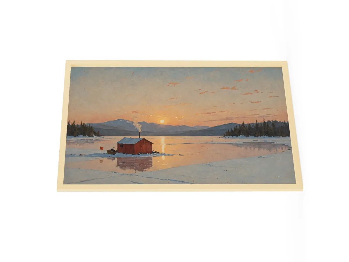 Ice-Fishing Shanty at Sunrise as a 24 by 36 inch framed print in a natural wood frame: a red ice-fishing shanty on a frozen Adirondack lake at sunrise, in a traditional oil-painting style.