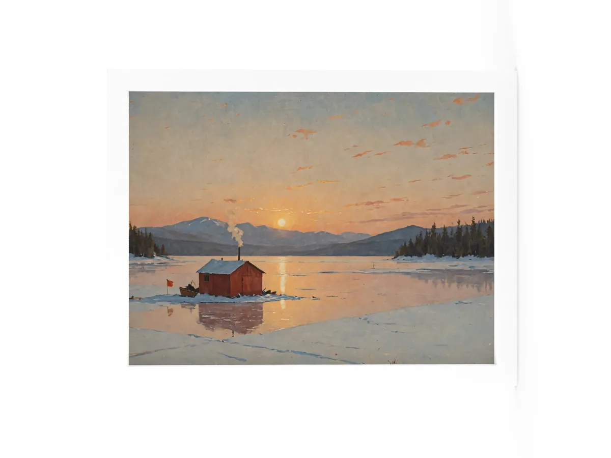 Ice-Fishing Shanty at Sunrise as a 12 by 16 inch framed print in a white frame: a red ice-fishing shanty on a frozen Adirondack lake at sunrise, in a traditional oil-painting style.