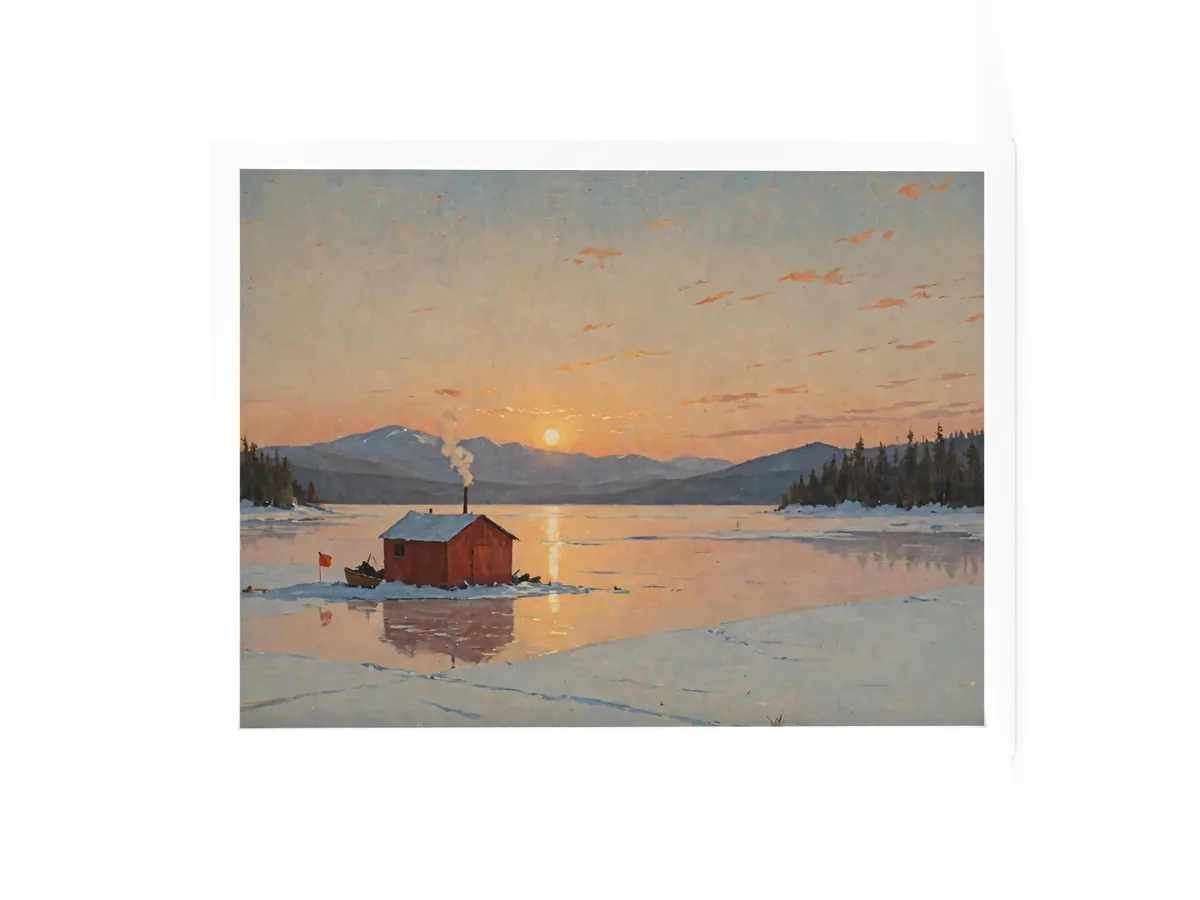 Ice-Fishing Shanty at Sunrise as an 18 by 24 inch framed print in a white frame: a red ice-fishing shanty on a frozen Adirondack lake at sunrise, in a traditional oil-painting style.