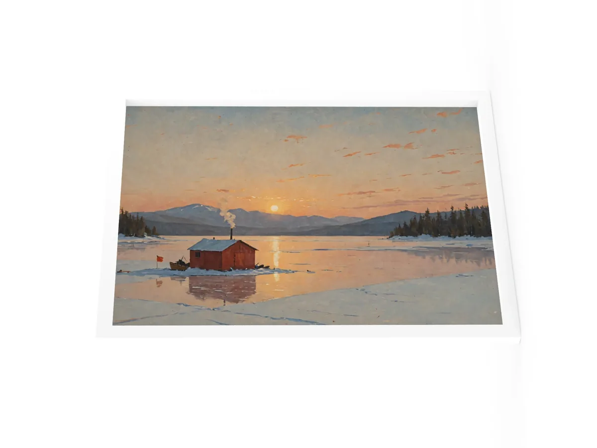 Ice-Fishing Shanty at Sunrise as an 18 by 24 inch framed print in a white frame: a red ice-fishing shanty on a frozen Adirondack lake at sunrise, in a traditional oil-painting style.
