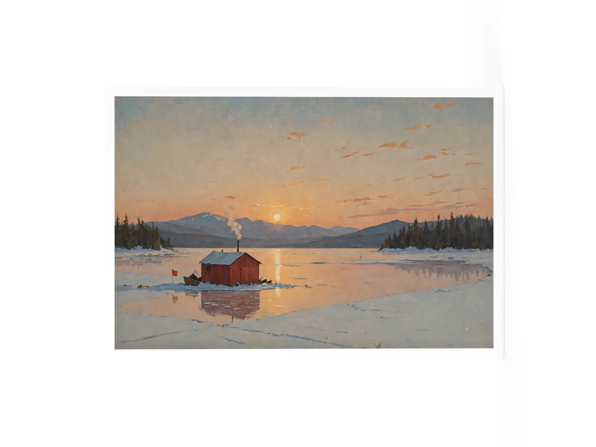 Ice-Fishing Shanty at Sunrise as a 24 by 36 inch framed print in a white frame: a red ice-fishing shanty on a frozen Adirondack lake at sunrise, in a traditional oil-painting style.