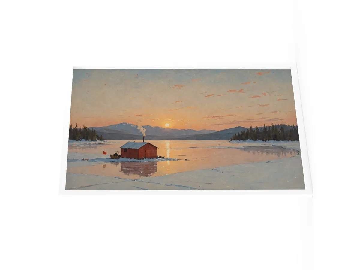 Ice-Fishing Shanty at Sunrise as a 24 by 36 inch framed print in a white frame: a red ice-fishing shanty on a frozen Adirondack lake at sunrise, in a traditional oil-painting style.