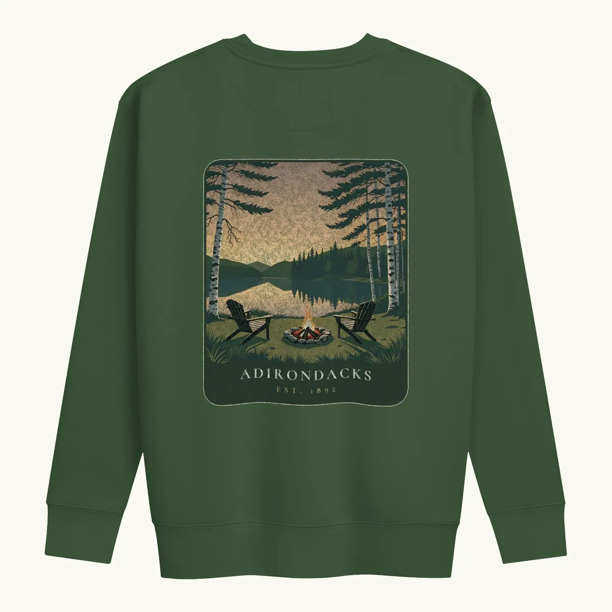 Lakeside Campfire Crewneck in Forest Green, back: two Adirondack chairs by a lakeside campfire at dusk, Adirondacks, Est. 1892.