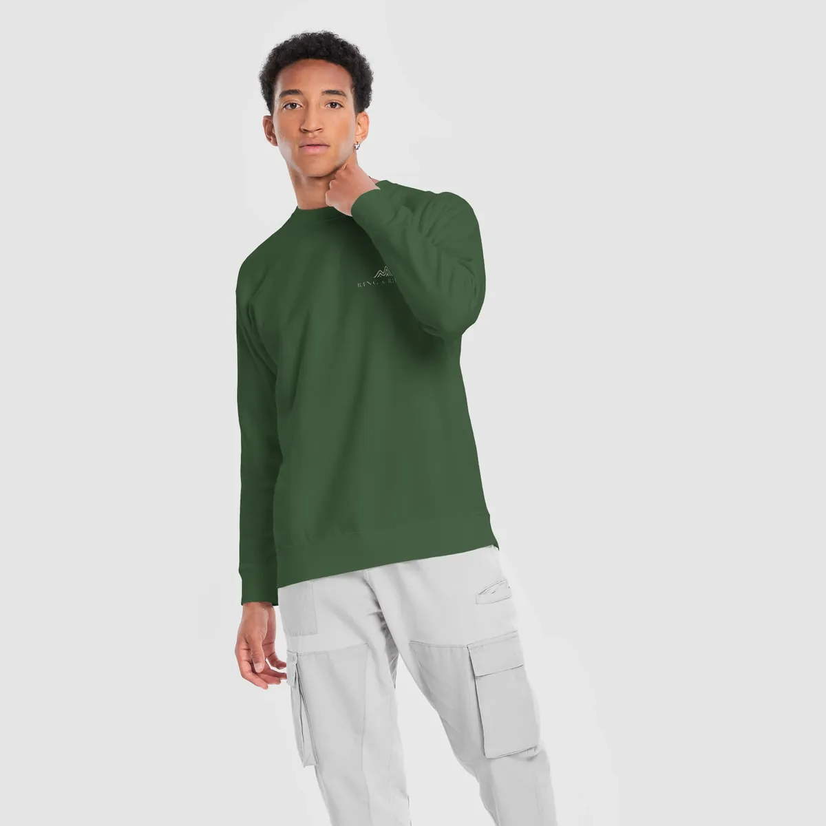 Lakeside Campfire Crewneck in Forest Green, front: two Adirondack chairs by a lakeside campfire at dusk, Adirondacks, Est. 1892.