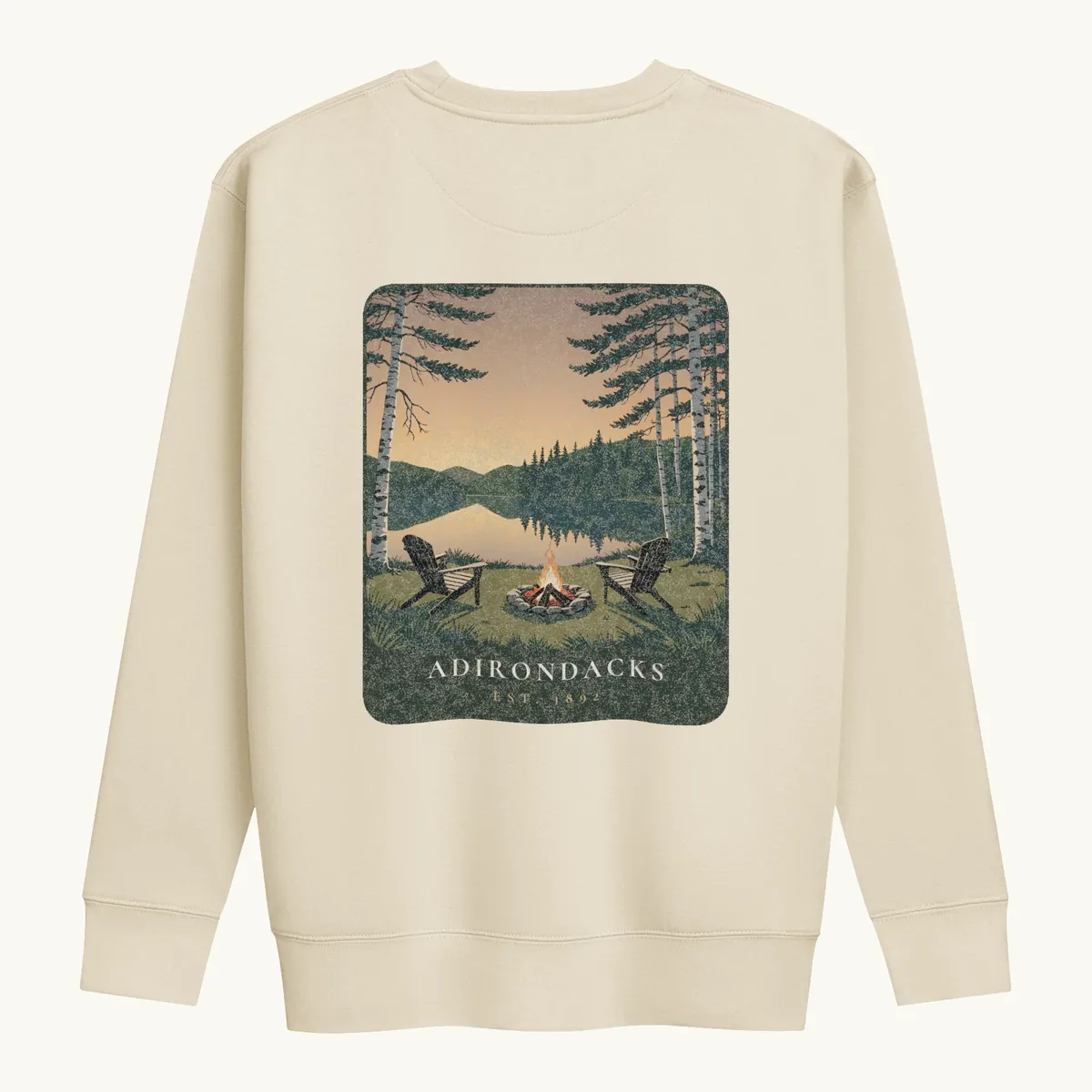 Lakeside Campfire Crewneck in Bone, back: two Adirondack chairs by a lakeside campfire at dusk, Adirondacks, Est. 1892.