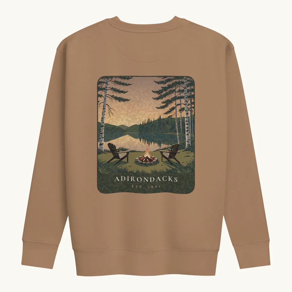 Lakeside Campfire Crewneck in Latte, back: two Adirondack chairs by a lakeside campfire at dusk, Adirondacks, Est. 1892.