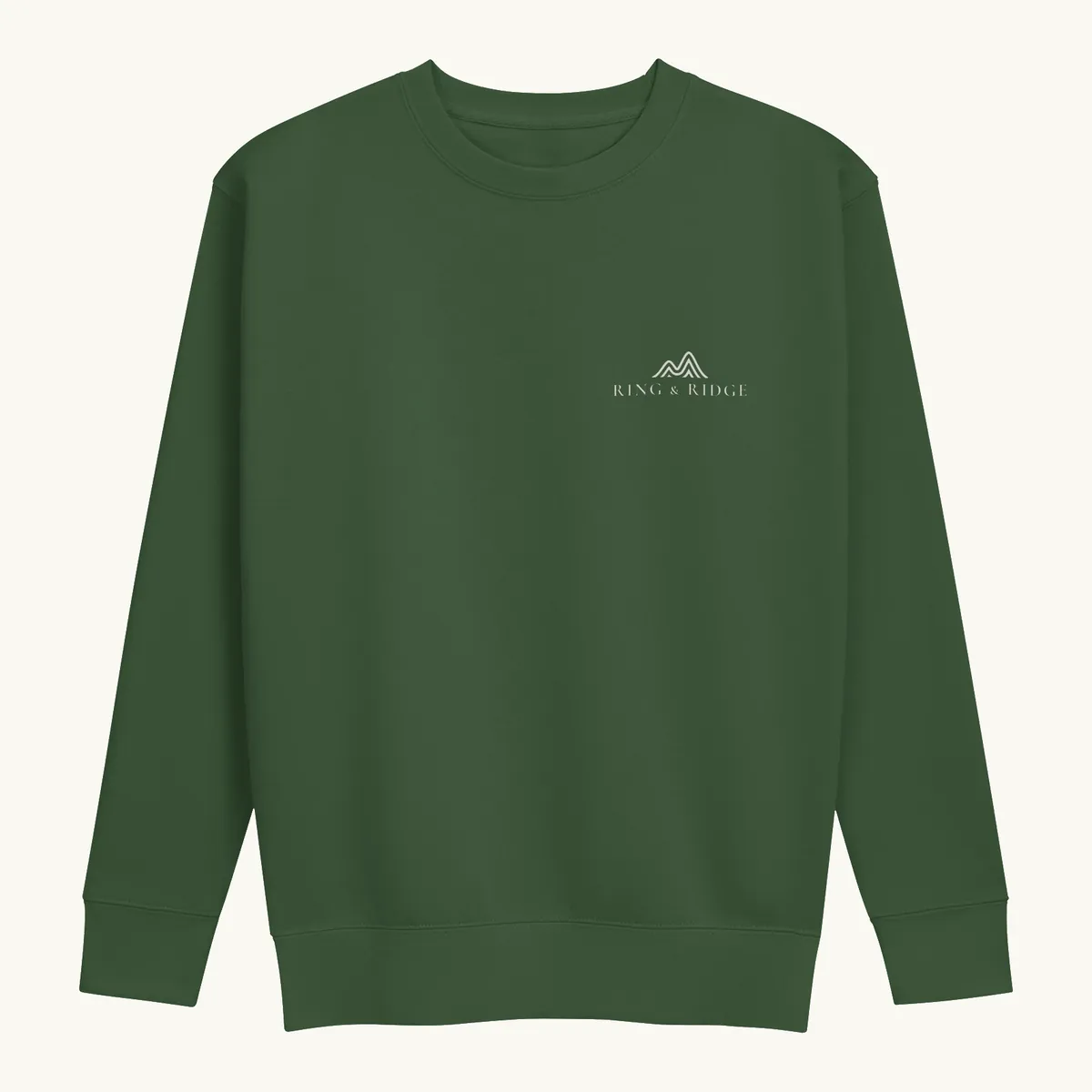 Lakeside Campfire Crewneck in Forest Green, front: two Adirondack chairs by a lakeside campfire at dusk, Adirondacks, Est. 1892.
