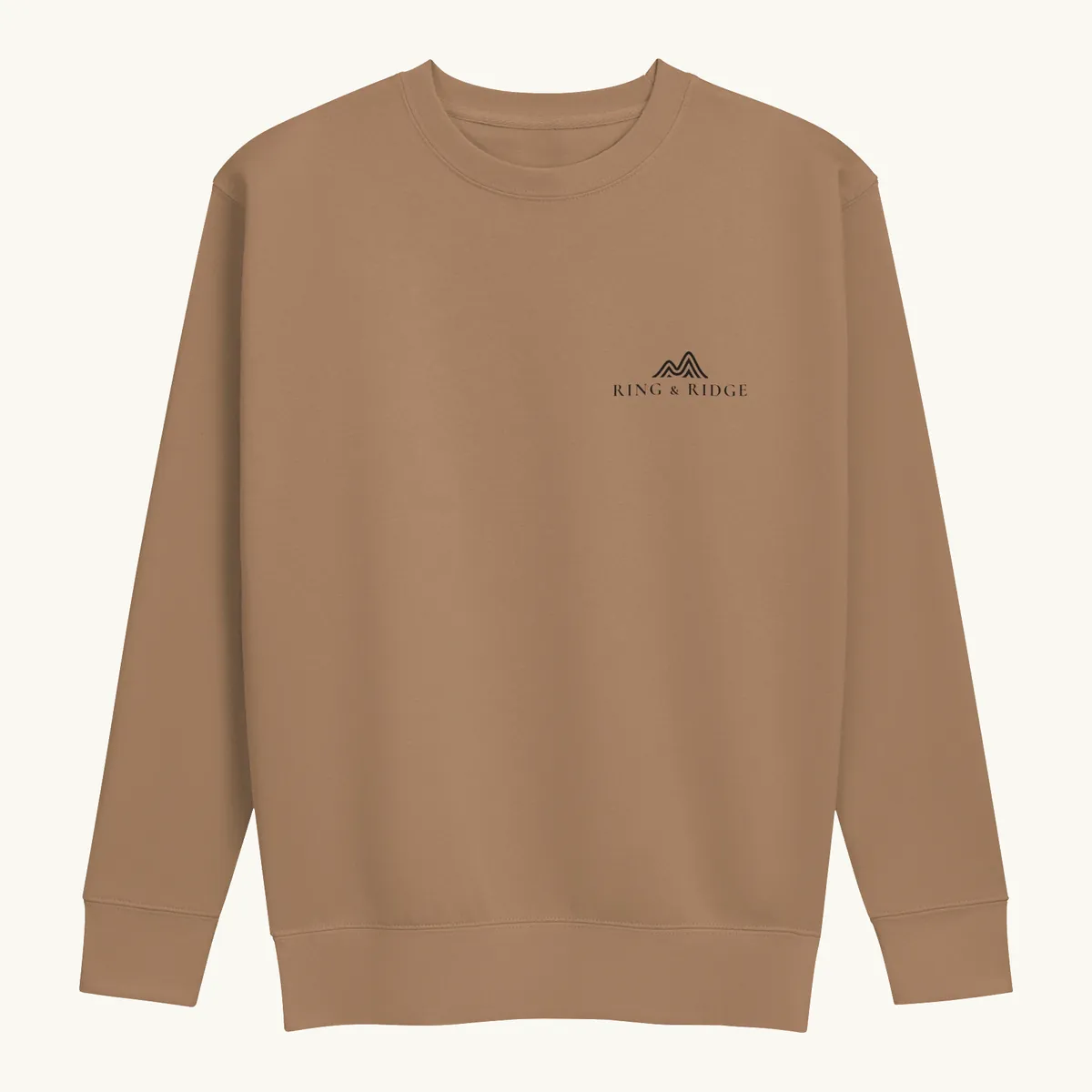 Lakeside Campfire Crewneck in Latte, front: two Adirondack chairs by a lakeside campfire at dusk, Adirondacks, Est. 1892.
