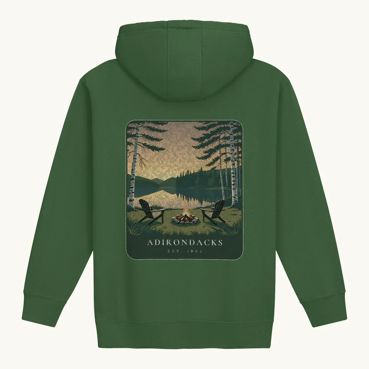 Lakeside Campfire Hoodie in Forest Green, back: two Adirondack chairs by a lakeside campfire at dusk, Adirondacks, Est. 1892.