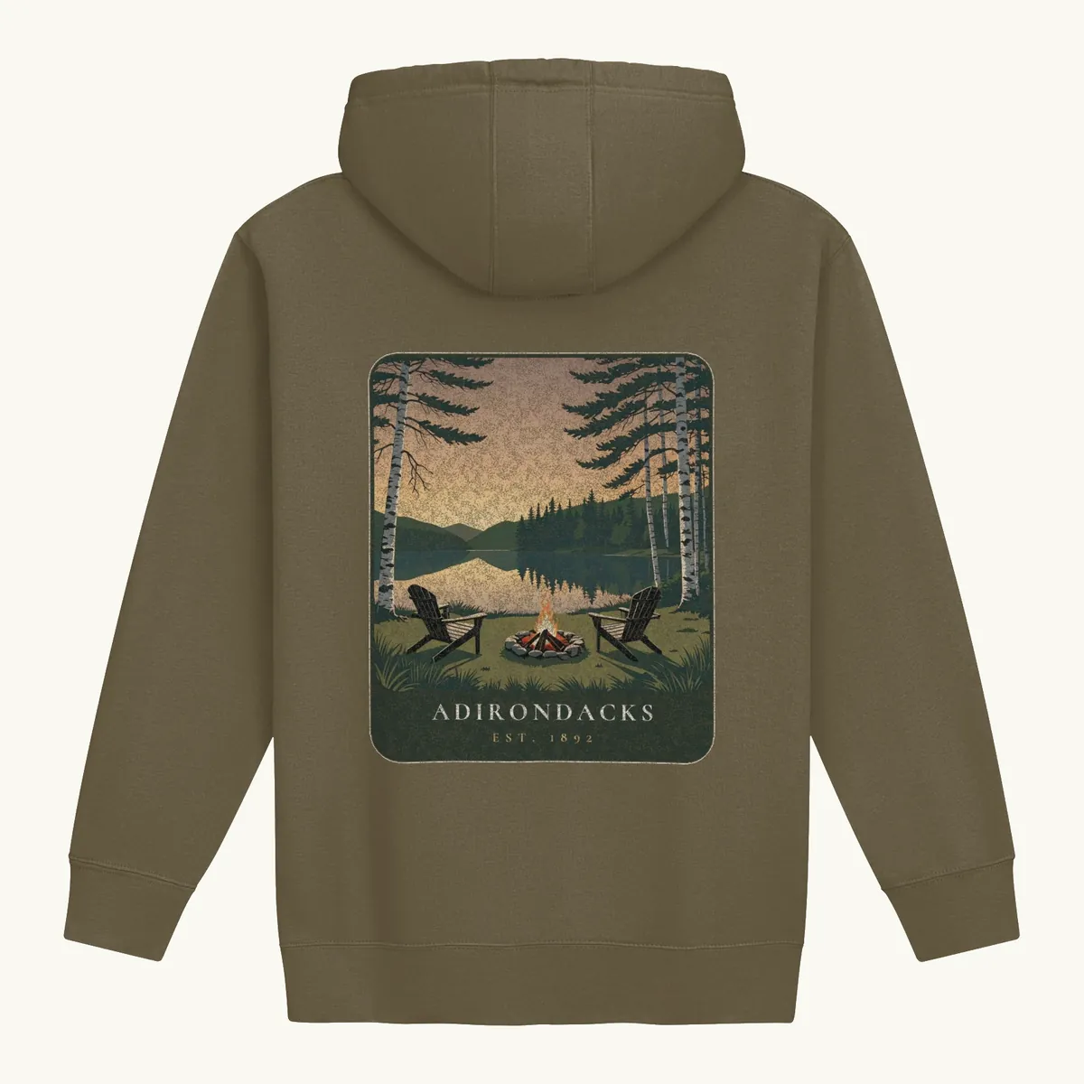 Lakeside Campfire Hoodie in Military Green, back: two Adirondack chairs by a lakeside campfire at dusk, Adirondacks, Est. 1892.