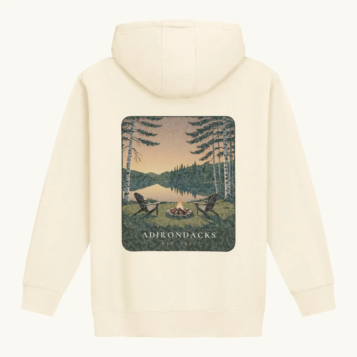 Lakeside Campfire Hoodie in Bone, back: two Adirondack chairs by a lakeside campfire at dusk, Adirondacks, Est. 1892.