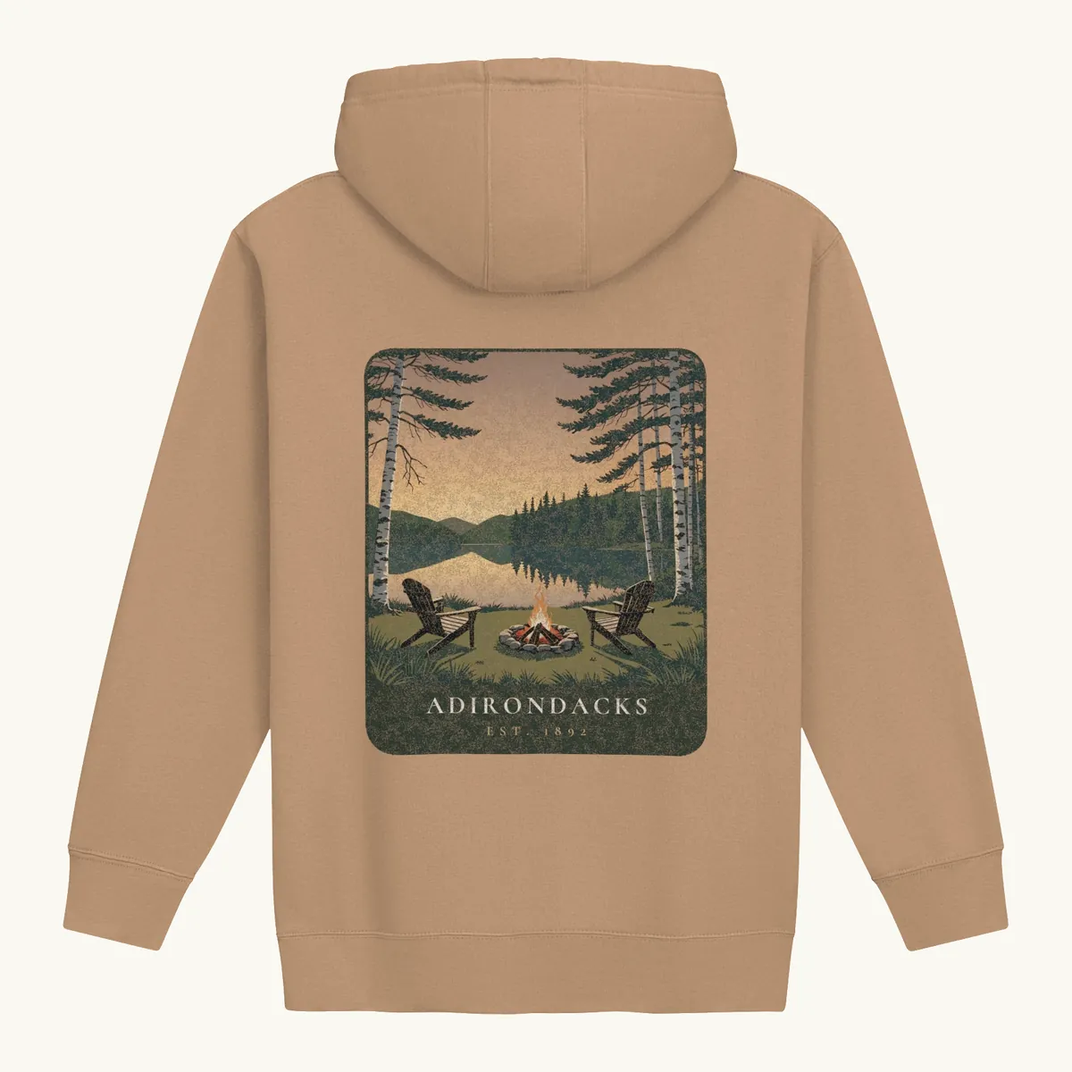 Lakeside Campfire Hoodie in Latte, back: two Adirondack chairs by a lakeside campfire at dusk, Adirondacks, Est. 1892.