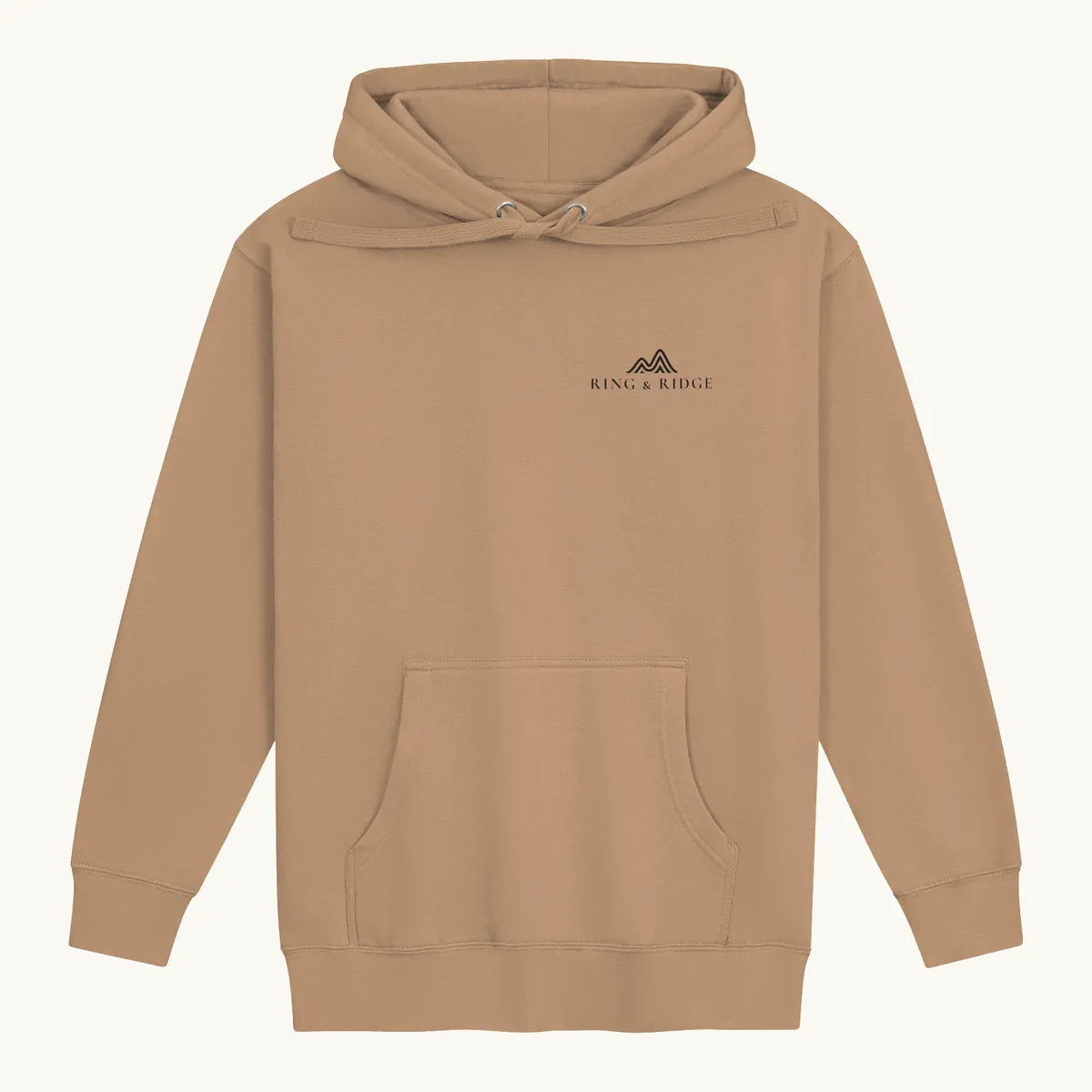 Lakeside Campfire Hoodie in Latte, front: two Adirondack chairs by a lakeside campfire at dusk, Adirondacks, Est. 1892.