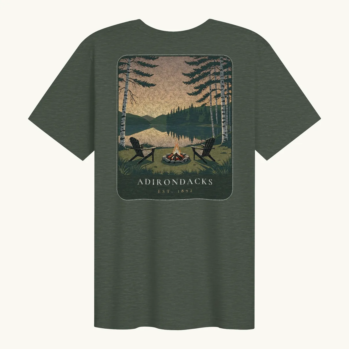 Lakeside Campfire Tee in Heather Forest, back: two Adirondack chairs by a lakeside campfire at dusk, Adirondacks, Est. 1892.