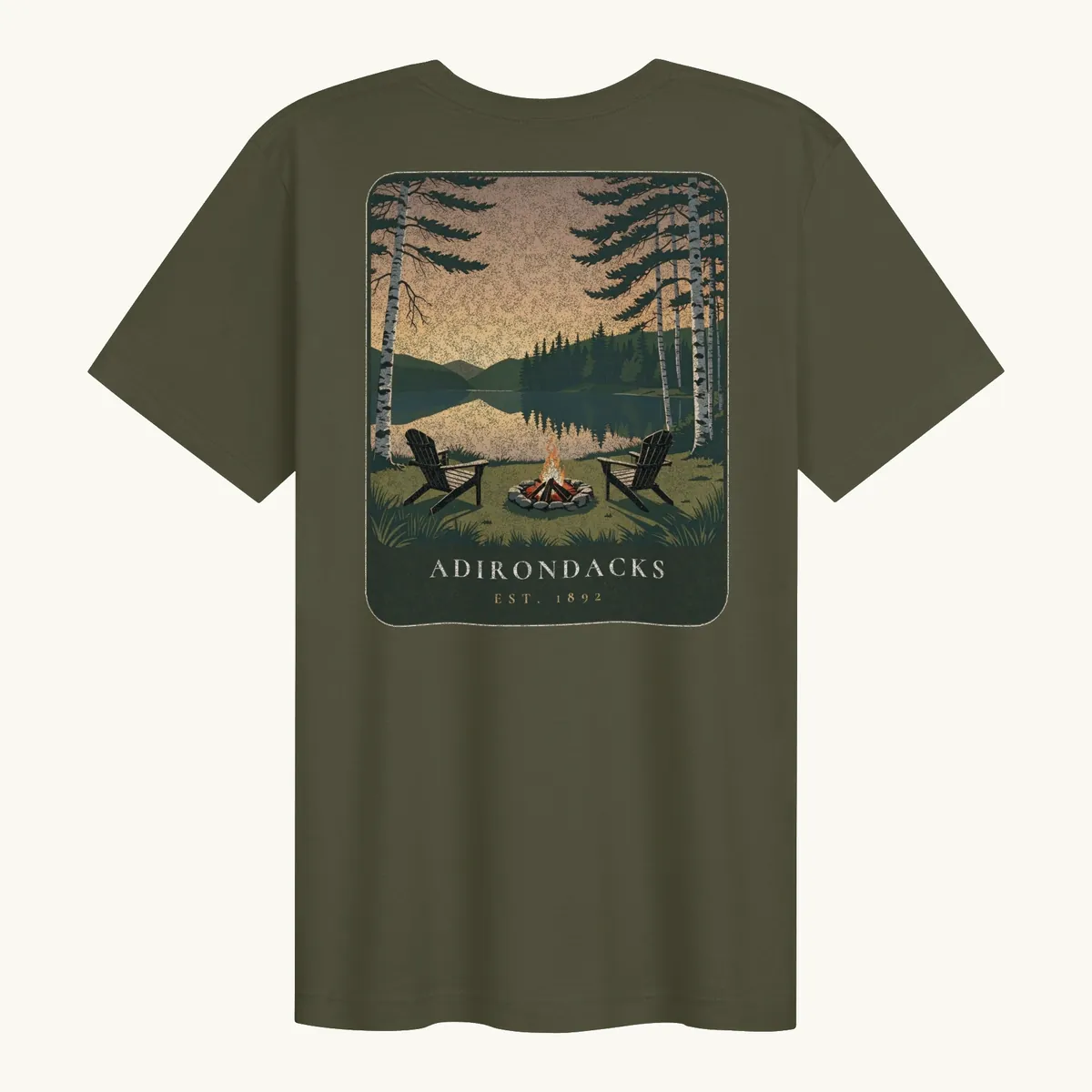 Lakeside Campfire Tee in Military Green, back: two Adirondack chairs by a lakeside campfire at dusk, Adirondacks, Est. 1892.