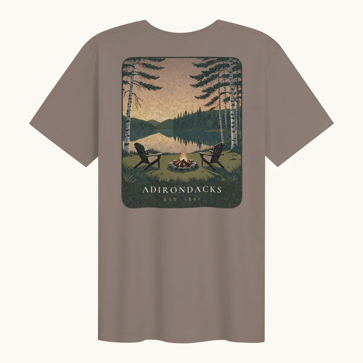 Lakeside Campfire Tee in Pebble, back: two Adirondack chairs by a lakeside campfire at dusk, Adirondacks, Est. 1892.