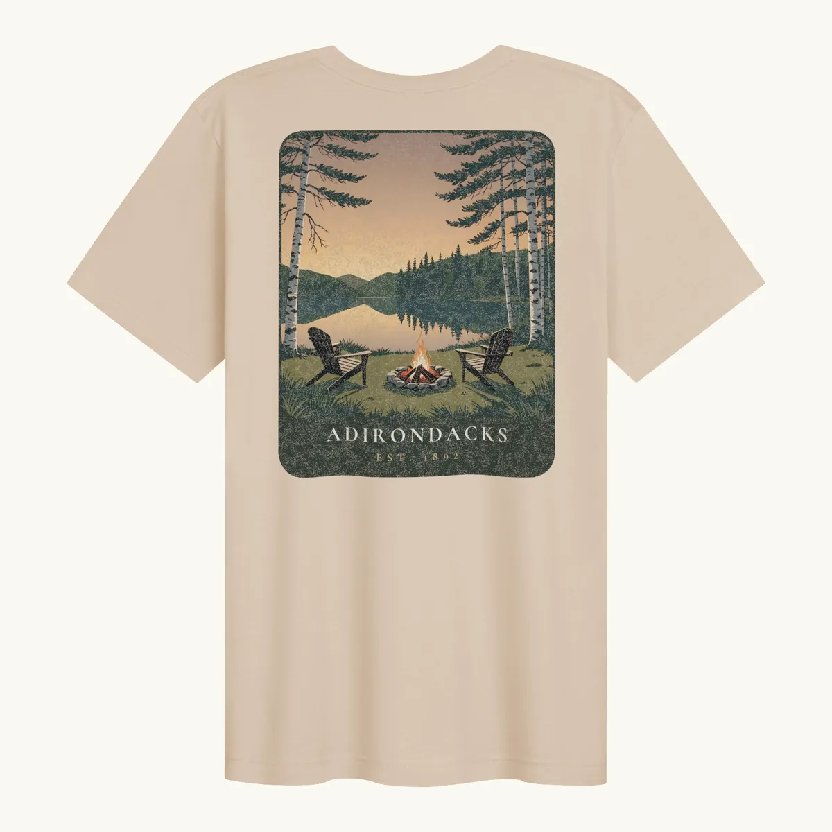 Lakeside Campfire Tee in Soft Cream, back: two Adirondack chairs by a lakeside campfire at dusk, Adirondacks, Est. 1892.